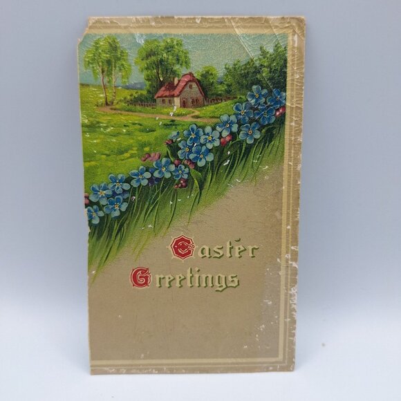 Vintage German Easter‎ Greeting Postcard House Meadow Scene - Picture 1 of 6